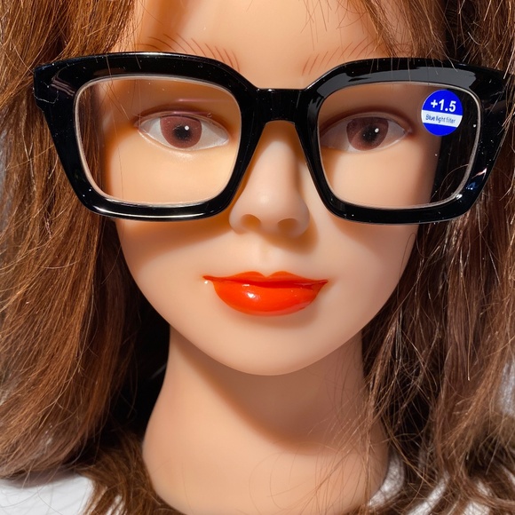 1558 Claudia Square Concave 1.5 NEW Black Reading Glasses Blue Light Filter - Picture 1 of 9